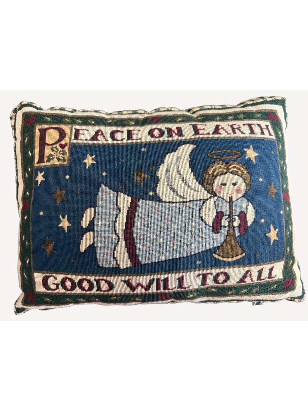 Christmas Tapestry Pillow Peace On Earth Angel 18"x16" Vintage Holiday Decor